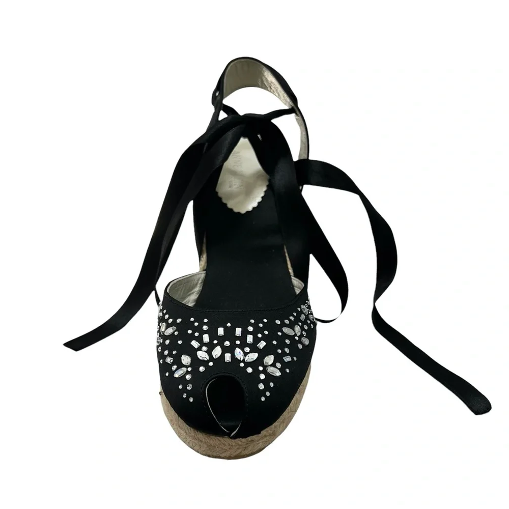 ANNE KLEIN BLACK SATIN WEDGE PEEP TOE ESPADRILLES W SATIN ANKLE WRAP & CRYSTALS